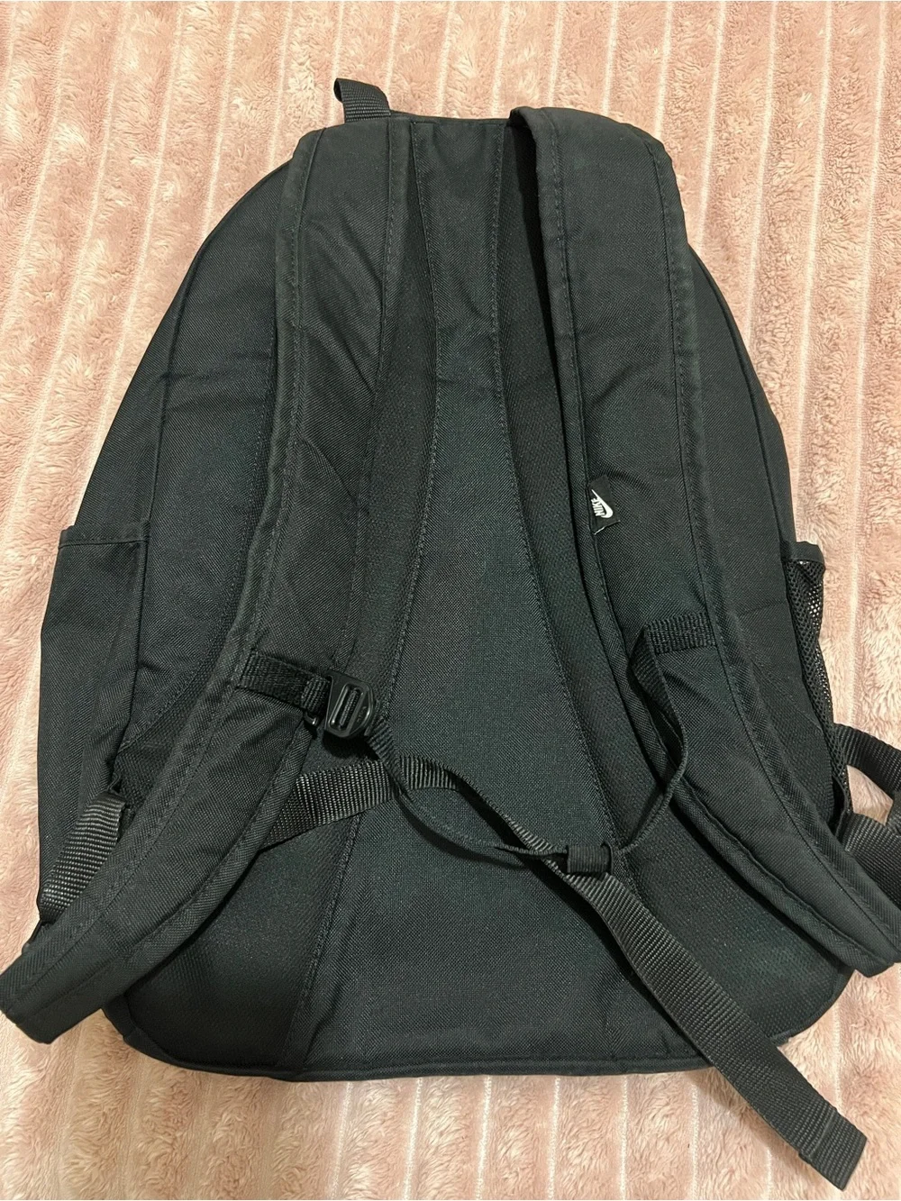 Nike Black Backpack with Large White Swoosh and Front Bungee